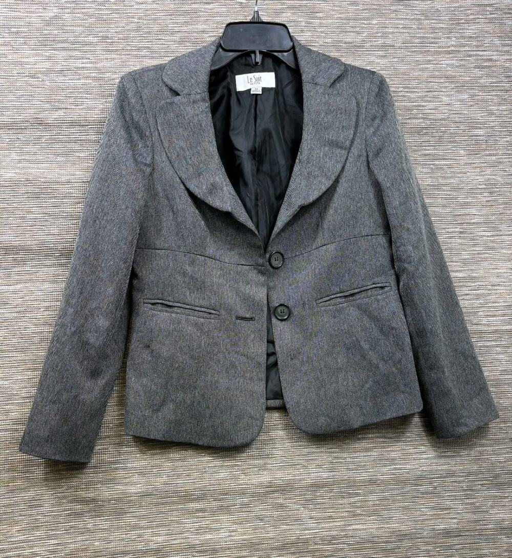 Le Suit Blazer Jacket Womens Size 4P Gray Herringbone Two Buttons Casual Career